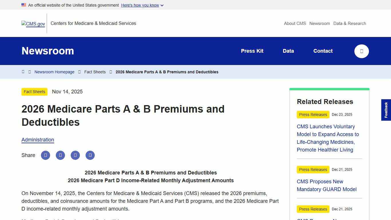2026 Medicare Parts A & B Premiums and Deductibles | CMS