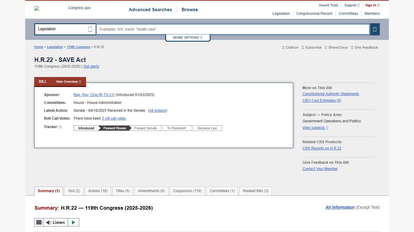 H.R.22 - 119th Congress (2025-2026): SAVE Act | Congress.gov | Library of Congress
