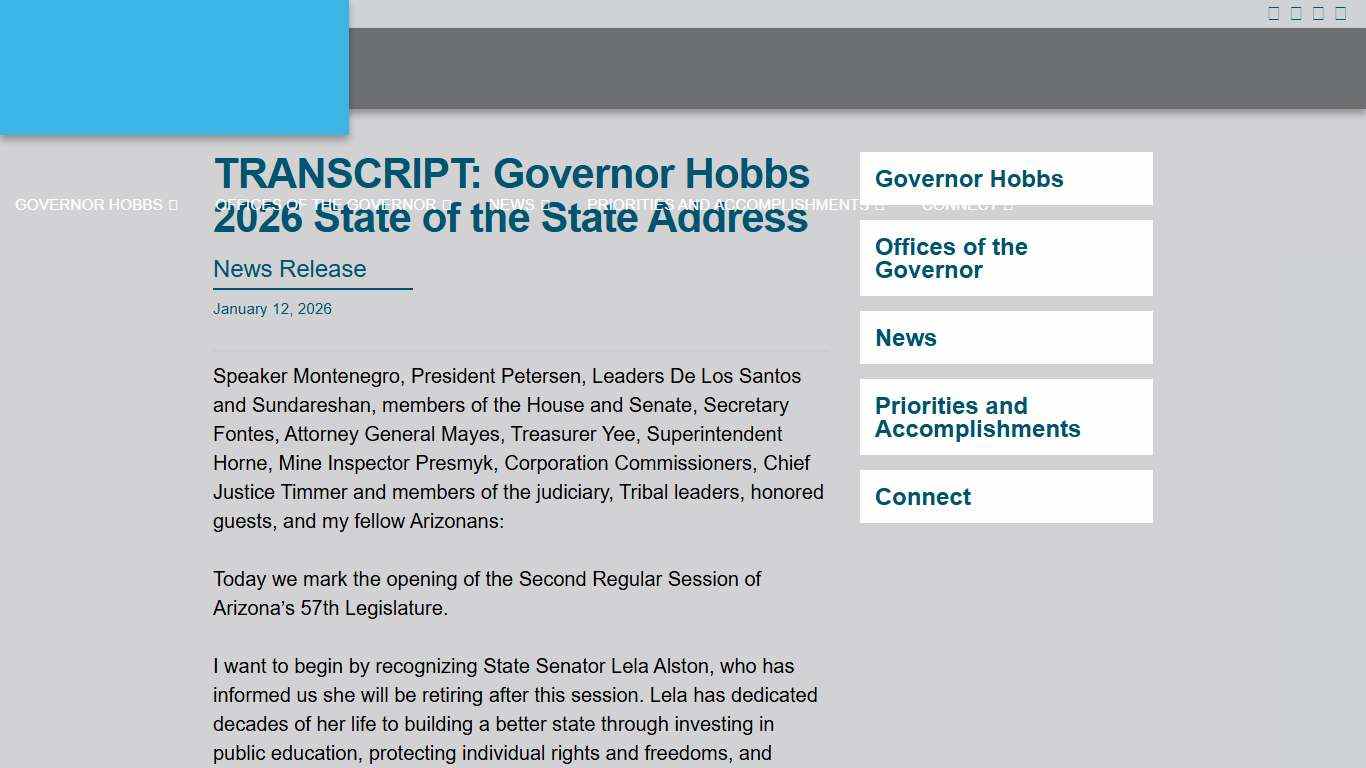 TRANSCRIPT: Governor Hobbs 2026 State of the State Address | Office of the Arizona Governor